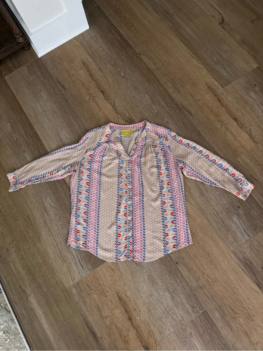 Maeve Beige Peasant Top with Red & Blue Trim